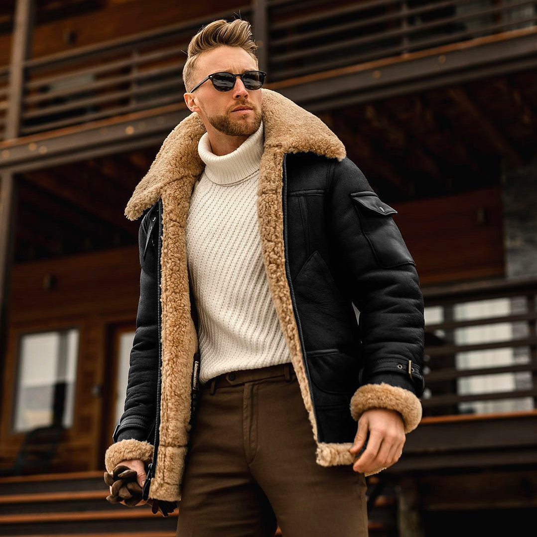 Robert – Men's Shearling Aviator Jacket in Black