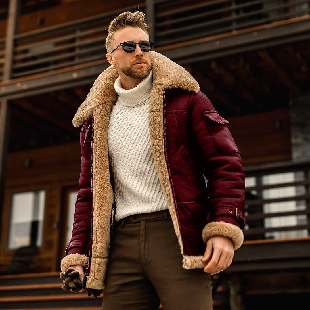 Robert – Men's Shearling Aviator Jacket in Burgundy