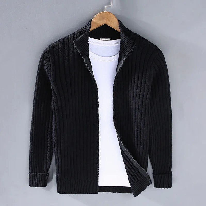 Thorne Knit Jacket (Ribbed Zip Cardigan) for Men in Black