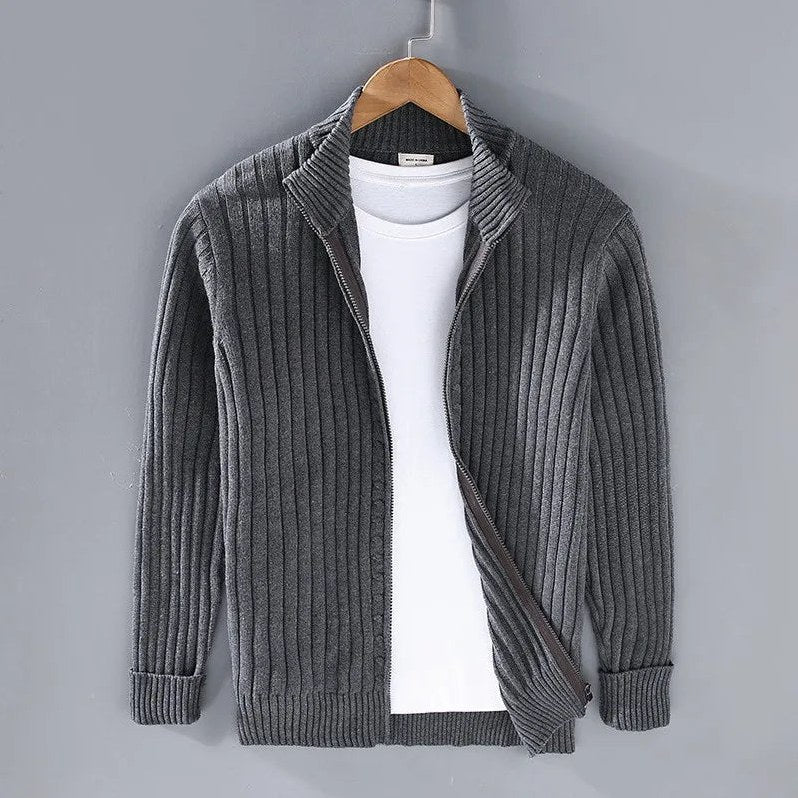 Thorne Knit Jacket (Ribbed Zip Cardigan) for Men in Dark Gray