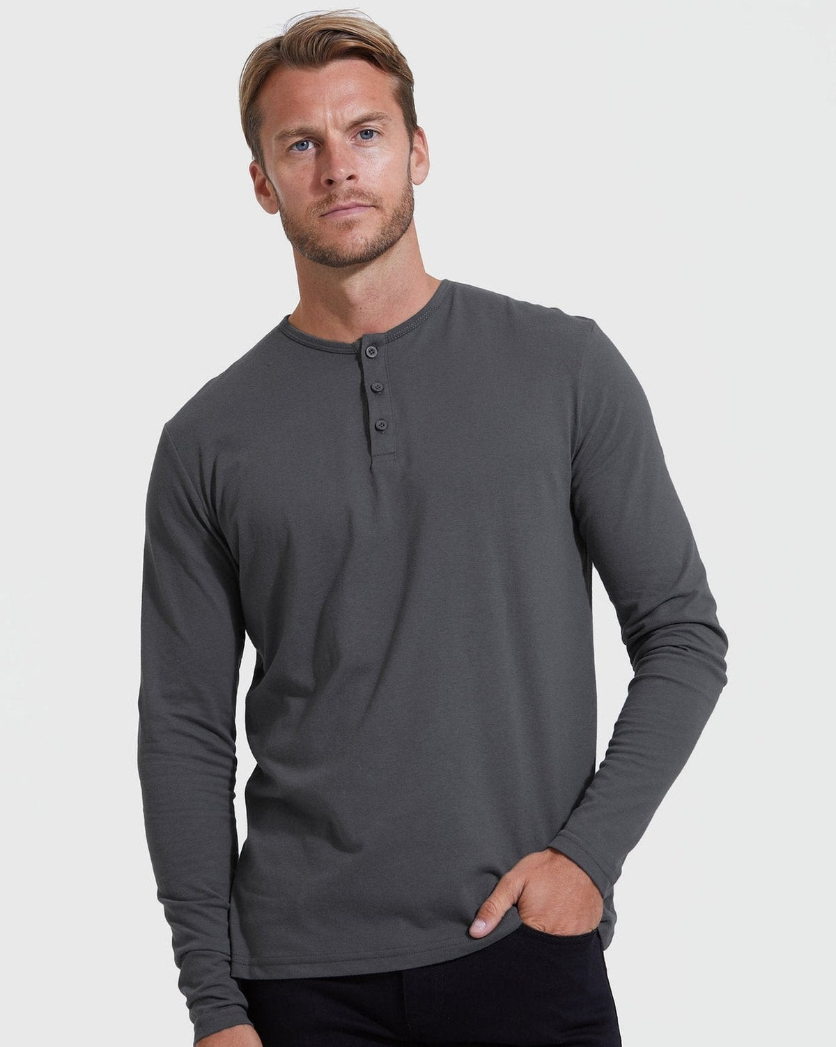 Varenna - Men's Ultra-Comfort Long Sleeve Henley in Carbon Charcoal